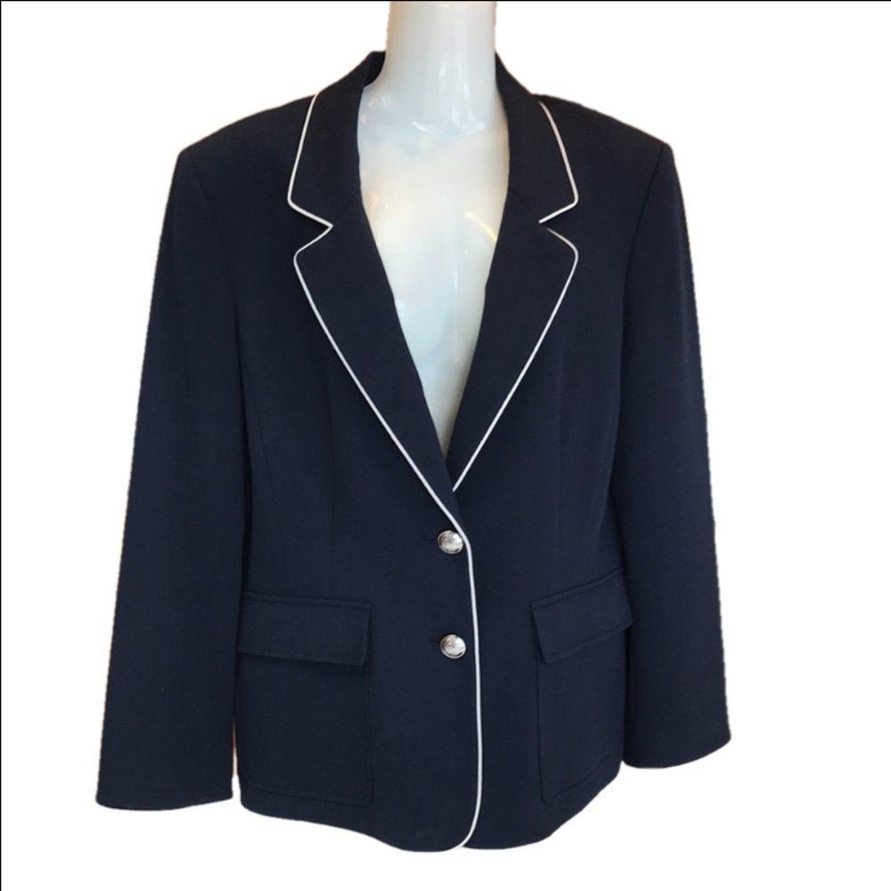 Tahari ASL Tailored Navy Lined Blazer with White Trim Women's Sz. 14 Petite EUC